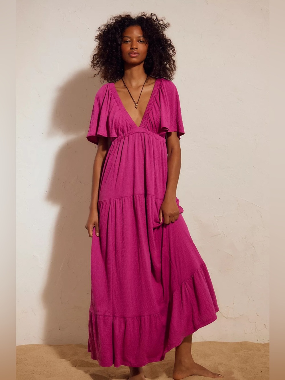 Free People La La Maxi Dress Large V Neck Flutter Sleeve Raspberry Red